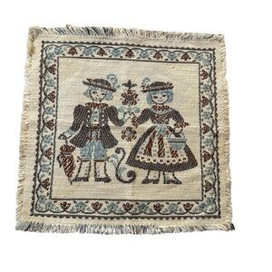Scandinavian Children Vintage Tapestry w/ Blue & Cream Linen & Cotton Blend 13”